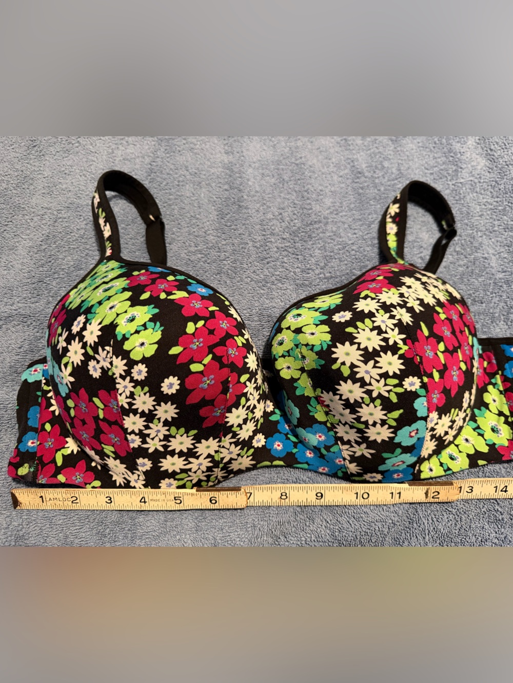 Cacique Black Floral Push-Up Bra with Pink, Green & Blue Flowers
